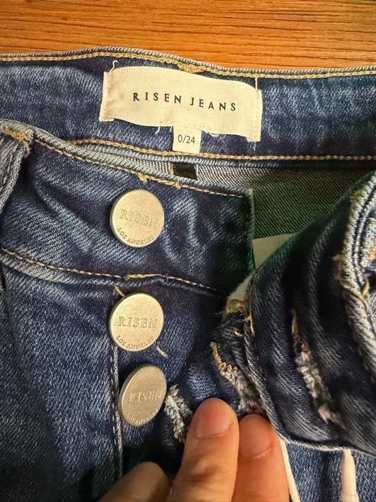 NWT Risen High Rise Button Fly Cropped Flare Jeans Stretchy Dark Wash Raw Hem - Picture 5 of 5